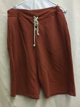 GRANTED, Rust Orange, Cotton, Solid, Sweatshorts, Rust, Distressed, Beige Braided Rope Lace Up Crotch, 2 Pockets, Drawstring, Waist