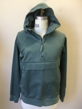 NIKE, Teal Green, Cotton, Spandex, Solid, Slate Teal Green with Hood, 1 Big Pocket Front Center with 2 Snaps & Side Zippers, Knit Raglan Long Sleeves with Zip Pocket, and Hem, 10" Zip Front, Pullover, 10" Right Side Zip Hem,