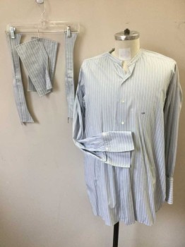 Mens, Shirt, FERY , Lt Gray, Lt Blue, White, Cotton, Stripes - Vertical , Slv:32, N:15.5, Long Sleeve Button Front, Band Collar, Royal Blue "L P" Embroidered Monogram at Chest  **Comes with 2 Pairs of Non-Coded Detachable French Cuffs (4 Individual Cuffs Total),