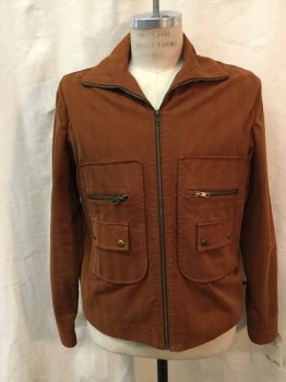 Mens, Jacket, N/L, Rust Orange, Cotton, Solid, Herringbone, 42, Zip Front to Top of Collar, 2 Front Applique Patches with Real Zip Pocket and Faux Flap Pocket, Long Sleeves with Snap Cuffs, Snap Tabs at Hem