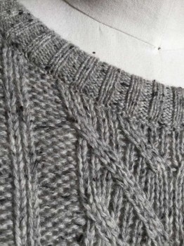 N/L, Gray, Charcoal Gray, Wool, Acrylic, Cable Knit, Speckled, Gray with Charcoal Flecks, Long Sleeves, U-Neck