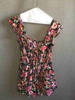 Womens, Romper, KIMCHEE BLUE, Black, Multi-color, Fuchsia Pink, Lt Pink, Sage Green, Rayon, Floral, 4, Black with Multicolor Floral, Flutter Cap Sleeve, V-neck, Self Ties at Neck, Pleats at Waist, Cutout at Center Back with Smocking at Sides of Waist