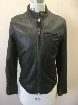 PENGUIN, Black, Leather, Solid, Aged, Zip Front, Snap Collar, L/S, 3 Zip Pockets, 2 Curved Back Pleats