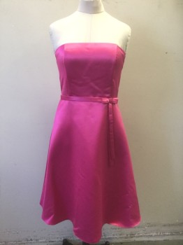Womens, Bridal Dress, FIESTA, Bubble Gum Pink, Polyester, Acetate, Solid, L, Satin, Strapless, Princess Seams, A-line Skirt, 1" Wide Self Belt Attached at Waist with Self 3D Bow at Side Front, Hem Below Knee