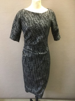 LELA ROSE, Gray, Black, Polyester, Cotton, Abstract , Black and Gray Abstract Static Pattern Heavy Brocade, 1/2 Sleeves, Bateau/Boat Neck, Ruched Detail at One Side Seam, Knee Length
