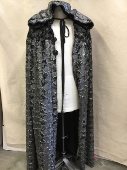Unisex, Sci-Fi/Fantasy Cape/Cloak, MTO, Black, Silver, Synthetic, Animal Print, O/S, (double) Black with Silver Soft Fuzzy Scale Pattern, Solid Black Lining, Hood with Black Long String Tie, Yoke Front & Back, 4 Button Hoops,( with NO BUTTON)