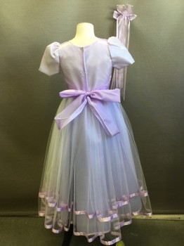 Childrens, Party Dress, TOON, Lavender Purple, Polyester, Solid, Floral, B24, 6, W24, Flower Girl, Short Sleeves, Button Back, Adjustable Ribbon Tie Waist, Shimmery Fabric with Floral Applique, Tulle Over Skirt with Satin Ribbon Trim Bands at Hem, Princess, Comes with Hair Accessory