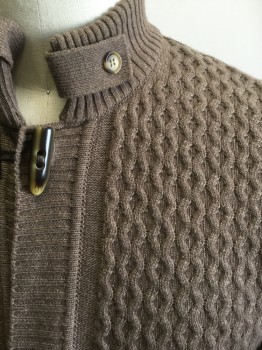 GIANNI MARCELO, Lt Brown, Wool, Viscose, Heathered, Novelty Wavy Stripe Knit Front/Top Sleeve, Ribbed Knit High Collar/Placket/Waistband/Cuff, Toggle/Loop Front, Button Tab Collar Detail