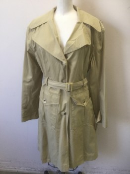 DKNY, Khaki Brown, Cotton, Nylon, Solid, Single Breasted, 3 Button Front, Wide Lapel, Lightly Padded Shoulders, 2 Large Patch Pockets at Hips with Button Flap Closures, Large Box Pleat at Center Back and Below Each Pocket in Front, **With Matching Self Belt