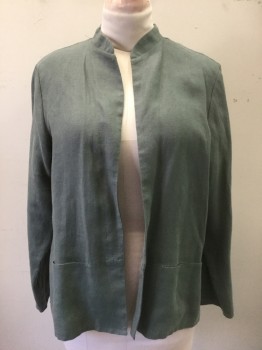ADLISS, Sage Green, Linen, Solid, Grayish Sage, Long Sleeves, Open at Center Front with No Closures, Band Collar,  2 Welt Pockets, No Lining