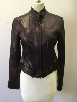 CHARLES NOLAN, Red Burgundy, Acetate, Polyester, Solid, Satin, Zip Front, Band Collar, Hidden Placket, Long Sleeves, Folded Back Belted Waist