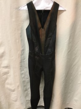 Womens, Sci-Fi/Fantasy Jumpsuit, N/L, Black, Dk Green, Gold, Leather, Solid, 28w , 32B, Black & Green with Gold Metalic Vneck Texture Stripes  Slvless Side Mesh on Sides , Back Zipper,