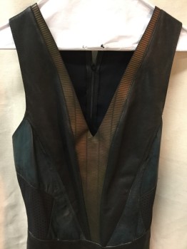 Womens, Sci-Fi/Fantasy Jumpsuit, N/L, Black, Dk Green, Gold, Leather, Solid, 28w , 32B, Black & Green with Gold Metalic Vneck Texture Stripes  Slvless Side Mesh on Sides , Back Zipper,