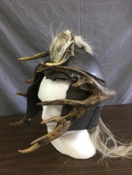 Unisex, Sci-Fi/Fantasy Helmet, N/L, Pewter Gray, Brown, Lt Brown, Fiberglass, Fur, Faux Aged Metal, Open Face Surrounded By Antlers, Light Brown Horsehair/Fur Tuft Across Crown of Head, Viking Warrior, Made To Order
