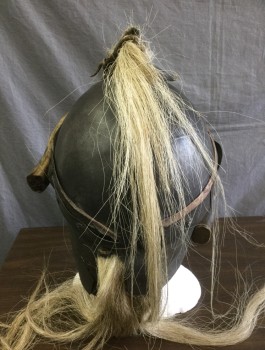 Unisex, Sci-Fi/Fantasy Helmet, N/L, Pewter Gray, Brown, Lt Brown, Fiberglass, Fur, Faux Aged Metal, Open Face Surrounded By Antlers, Light Brown Horsehair/Fur Tuft Across Crown of Head, Viking Warrior, Made To Order