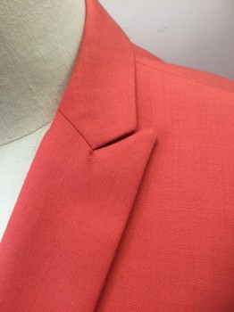 L & S, Coral Pink, Rayon, Modal, Solid, Bright Coral Pink, Single Breasted, Thin Peaked Lapel, 1 Button, 3 Pockets, Slim Fit