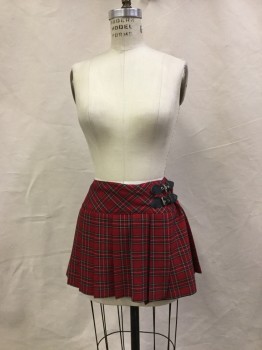 FOREVER 21, Red, Dk Green, Yellow, White, Polyester, Plaid, Fashion Kilt, Wide Yoke, 2 Black Pleather Buckle Straps