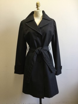 ELLEN TRACY, Black, Polyester, Solid, Single Breasted, Collar Attached, Yoke Front and Back, 2 Pockets, Button Tab Cuff, Self Belt, Belt Loops