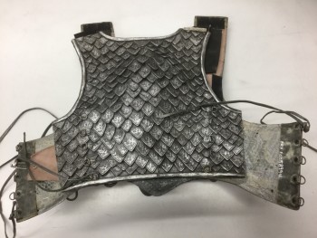 Womens, Historical Fict Breastplate , N/L, Pewter Gray, Silver, Charcoal Gray, Fiberglass, B:35 , Chevron Texture Faux Metal, Sleeveless, Scoop Neck, 3D Snakes at Waist and Neckline, Cropped Length, V Shaped Waist Line, Metal Loops at Sides with Leather Thong Ties, Hook & Eye Closures at Shoulder Straps *Small Crack at Front Neck