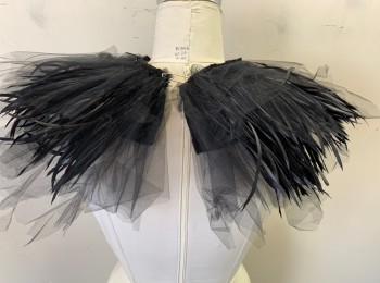Unisex, Sci-Fi/Fantasy Collar, N/L MTO, Black, Feathers, Nylon, Solid, Stiff Black Feathers Under Black Tulle, Felt Backing Underneath, Open at Back Neck (Missing Closures), Comes with Matching Pair of Cuffs (CF022566)