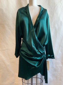 ELLAE LISQUE, Green, Synthetic, Solid, V-neck, Wrap Style, Gathered Left Waist, Thin Shawl Lapel,
