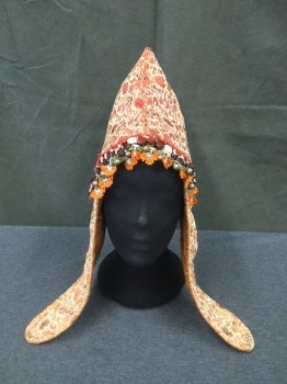 Unisex, Sci-Fi/Fantasy Headpiece, MTO, Orange, Champagne, Dk Red, Black, Dk Green, Silk, Floral, S, Silk Brocade, Pointy Top, Ear Flap, Black/Dark Red/White Forehead Band with Beds, Red Shells, Bells