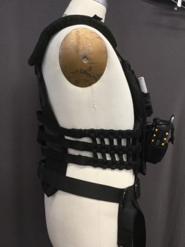 Unisex, Sci-Fi/Fantasy Harness, MTO, Black, Silver, Polyester, Nylon, Solid, O/S, Breastplate with Attached Harness and Thigh Straps, Lots of Buckles and D-rings, Adjustable Velcro Waist and Shoulders, 5 Cool Props Secured Onto Front