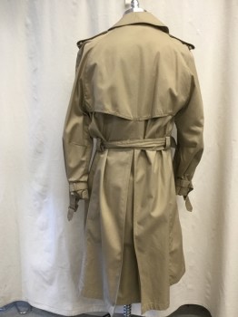 FOX 71/BURBERRY, Tan Brown, Cotton, Polyester, Solid, Double Breasted, Collar Attached, Epaulets, 2 Pockets, Raglan Long Sleeves, Belted Cuffs, Vented Back Yoke, Button Neck Tab Separate, Belted Self Belt, Center Back Gusset, Burberry Plaid Lining, *Missing Detachable Lining**
