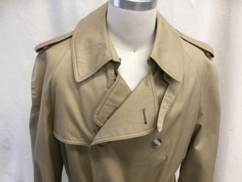 FOX 71/BURBERRY, Tan Brown, Cotton, Polyester, Solid, Double Breasted, Collar Attached, Epaulets, 2 Pockets, Raglan Long Sleeves, Belted Cuffs, Vented Back Yoke, Button Neck Tab Separate, Belted Self Belt, Center Back Gusset, Burberry Plaid Lining, *Missing Detachable Lining**