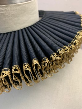 Unisex, Historical Fiction Ruff/Collar, N/L MTO, Black, Gold, Polyester, Solid, Faille, Gold Lace Edging, Sticks Out 3" From Neck, Snap Closures, Reproduction
