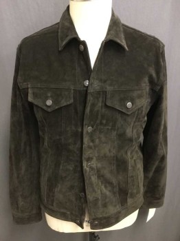 Jonathan A. Logan, Dk Brown, Suede, Solid, Long Sleeves, Button Front, Brass Buttons, Welt Pockets, Chest Pockets with Button Down Flaps, Collar Attached, Suede