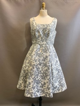 Womens, Cocktail Dress, MAGGY LONDON, Antique White, Black, Silver, Polyester, Nylon, Floral, 4, Jacquard, Scoop Neck, Sleeveless, Self Piping Waistband, Pleated Skirt with Layer of Tulle Underneath, Zip Back, Hem Below Knee, 2 Pockets