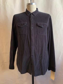 JOHN VARVATOS, Black, Cotton, Solid, Corduroy, Button Front, Collar Attached, Long Sleeves, 2 Pockets,