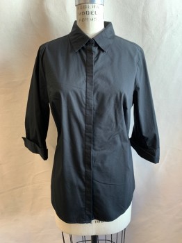 Womens, Blouse, LIZ CLAIBRORNE, Black, Polyester, Cotton, M, Collar Attached, Button Front, Long Sleeves