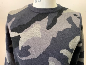 Mens, Pullover Sweater, VG HOMME, Gray, Black, Charcoal Gray, Viscose, Nylon, Camouflage, L, C38/40, Long Sleeves, Crew Neck,