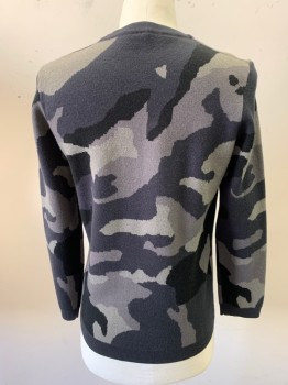 Mens, Pullover Sweater, VG HOMME, Gray, Black, Charcoal Gray, Viscose, Nylon, Camouflage, L, C38/40, Long Sleeves, Crew Neck,