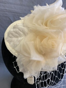 Womens, Fascinator, LOUISE GREEN, Cream, Straw, Silk, Straw Circle Attached to Headband, with Large Silk Rosettes, Attached White Net