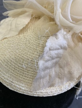 Womens, Fascinator, LOUISE GREEN, Cream, Straw, Silk, Straw Circle Attached to Headband, with Large Silk Rosettes, Attached White Net