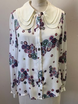 WREN, White, Pink, Green, Blue, Aubergine Purple, Polyester, Floral, Abstract , Mosaic Floral Pattern, Self Circle Pattern, Ivory Triple Layer Peter Pan Collar, Button Front, Long Sleeves, Ivory Cuffs *Beige Make Up Stain on Right Collar