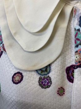 WREN, White, Pink, Green, Blue, Aubergine Purple, Polyester, Floral, Abstract , Mosaic Floral Pattern, Self Circle Pattern, Ivory Triple Layer Peter Pan Collar, Button Front, Long Sleeves, Ivory Cuffs *Beige Make Up Stain on Right Collar