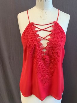 WAYF, Dusty Red, Polyester, Solid, Deep V-neck, Criss Cross Straps Over V-neck, Embroidered Applique, Spaghetti Straps, Double Layer Chiffon