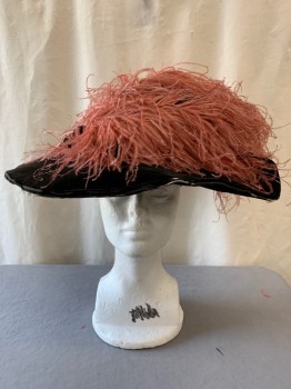 Womens, Hat 1890s-1910s, MTO, Black, Coral Pink, Cotton, Feathers, Solid, Velvet, Wide Brim with Wire Showing Through at Edge of Brim, Pinned Up on One Side