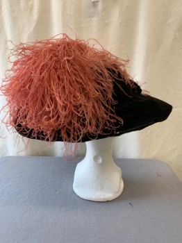 Womens, Hat 1890s-1910s, MTO, Black, Coral Pink, Cotton, Feathers, Solid, Velvet, Wide Brim with Wire Showing Through at Edge of Brim, Pinned Up on One Side