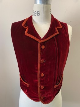 Mens, Historical Fiction Piece 2, MTO, Iridescent Red, Synthetic, Solid, 38, Velvet Vest, 5 Btn Single Breasted, Notched Lapels, 2 Pckts, Grosgrain Trim On Front Edges/Pckts/Covered Btns, Belted Back, *Small Holes and Tears*