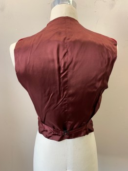 Mens, Historical Fiction Piece 2, MTO, Iridescent Red, Synthetic, Solid, 38, Velvet Vest, 5 Btn Single Breasted, Notched Lapels, 2 Pckts, Grosgrain Trim On Front Edges/Pckts/Covered Btns, Belted Back, *Small Holes and Tears*