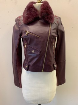 Womens, Leather Jacket, SAM EDELMAN, Maroon Red, Leather, Solid, XS, Rabbit Fur Trim on Collar, Off Center Zip Front, Gold Zip Pockets, Triangle Suede Patches with White Stitching on Shoulder & Yoke, Suede Under Arms, Loops on Waist