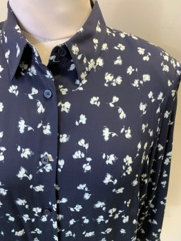 SIGNATURE, Navy Blue, White, Silk, Spandex, Floral, Blousey, Long Sleeves, Button Front, 8 Buttons, 2 Added Snaps, Back Box Pleat, Crotch Snaps Alteration