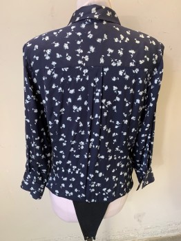 SIGNATURE, Navy Blue, White, Silk, Spandex, Floral, Blousey, Long Sleeves, Button Front, 8 Buttons, 2 Added Snaps, Back Box Pleat, Crotch Snaps Alteration