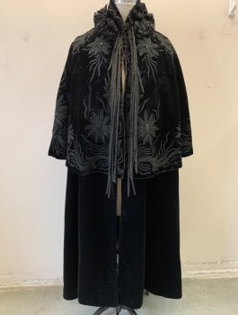 Womens, Cape 1890s-1910s, N/L, Black, Silk, Floral, Velvet with Intricate Black Beaded Flowers, 2 Tiered, Poufy Ruffled Collar, Open at Center Front with 2 Hook & Eyes at Neck, Hanging Velvet Tabs at Neck, Floor Length, Satin Lining,