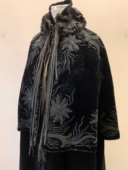 Womens, Cape 1890s-1910s, N/L, Black, Silk, Floral, Velvet with Intricate Black Beaded Flowers, 2 Tiered, Poufy Ruffled Collar, Open at Center Front with 2 Hook & Eyes at Neck, Hanging Velvet Tabs at Neck, Floor Length, Satin Lining,